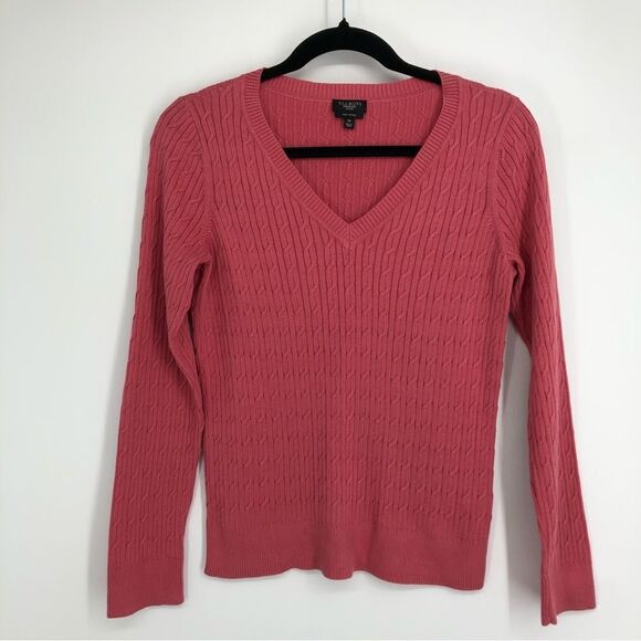 Talbots Sweater Womens Medium Pink V Neck‎ Cable Knit Jacquard Pima Cotton - Picture 1 of 6
